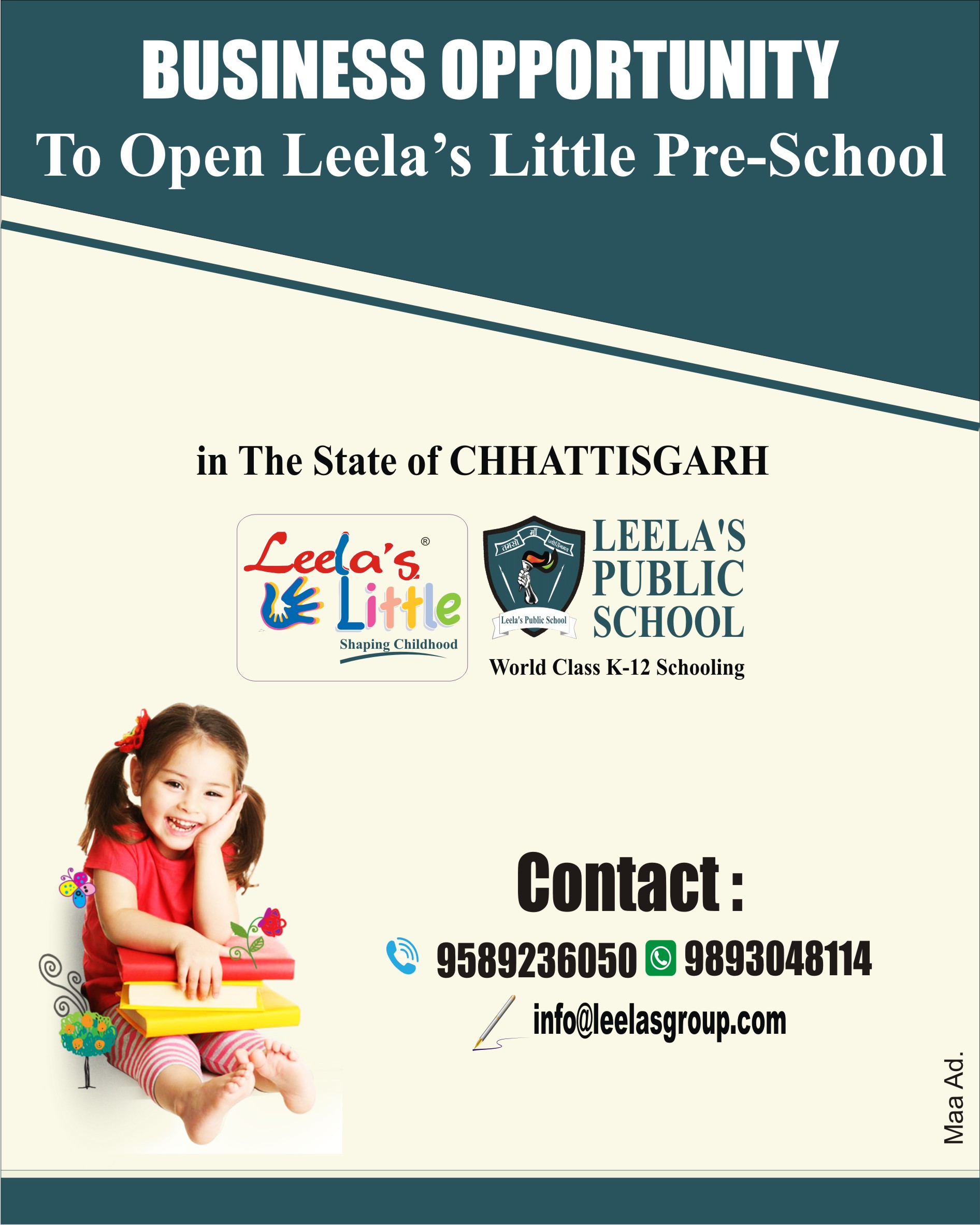Association Add of Leela's Chain of Schools Specially for Little School PAN India